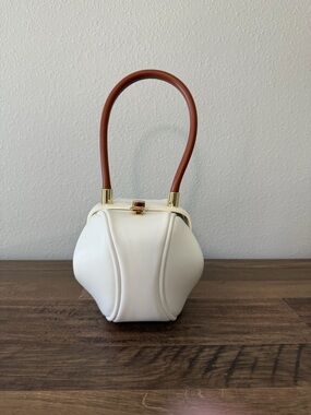 White Structured Top-Handle Purse with Brown Handle